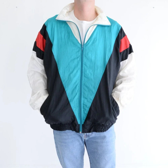 Vintage 80'S Akita Teal & Black Nylon  Windbreaker Zip Up Running Jacket Size L - Picture 1 of 11
